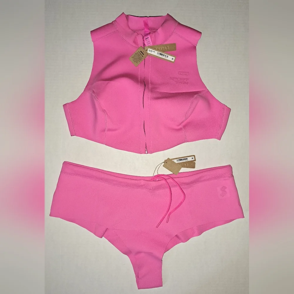 ❤️NWT SKIMS Sporty Scuba Wetsuit Swim Top + Hipster Swimsuit Set Pink TAFFY 3X